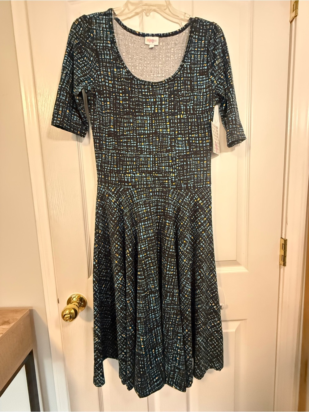LuLaRoe Scoop-Neck Fit & Flare Dress in Black, Blue and Yellow Grid